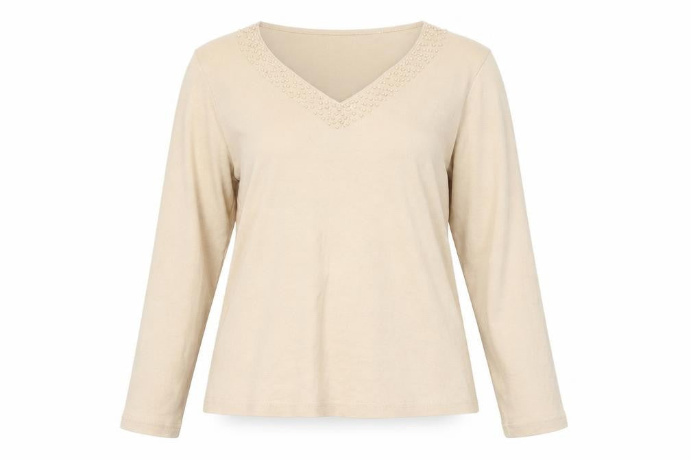 Deanes Womens Beige Cotton Basic T-Shirt Size 16 V-Neck