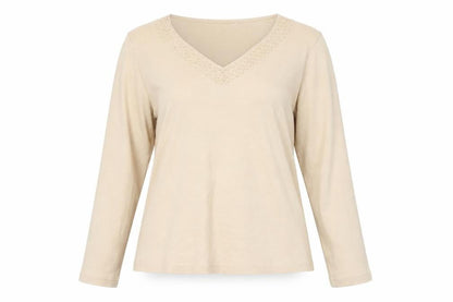 Deanes Womens Beige Cotton Basic T-Shirt Size 16 V-Neck
