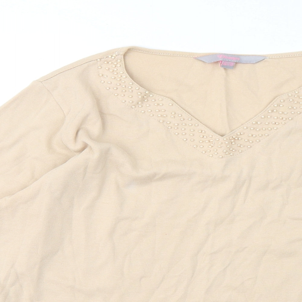 Deanes Womens Beige Cotton Basic T-Shirt Size 16 V-Neck