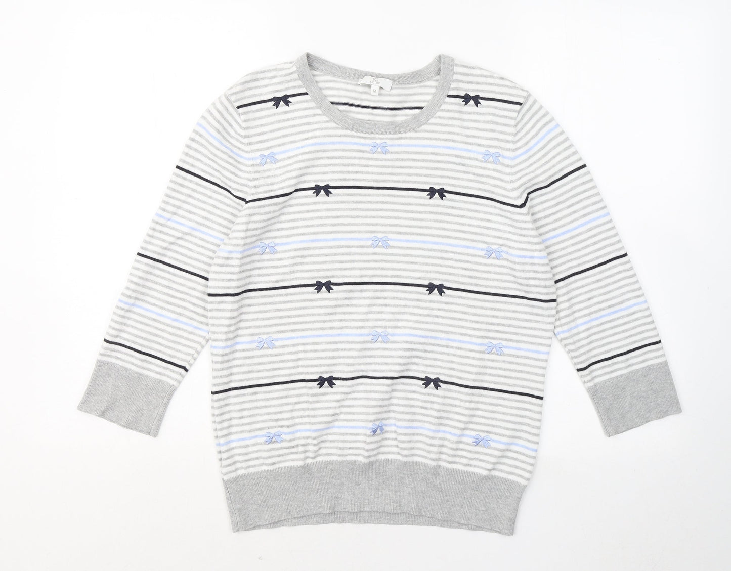 CC Womens Grey Round Neck Striped Viscose Pullover Jumper Size M - Bows