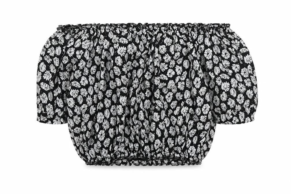 Missi London Womens Black Floral Polyester Cropped Blouse Size 8 Off the Shoulder