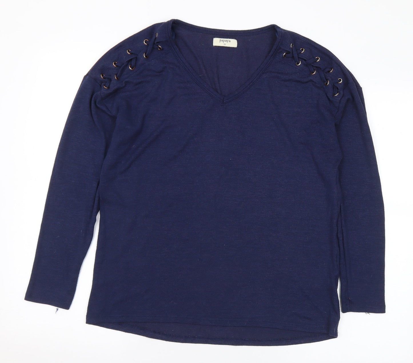 Papaya Womens Blue V-Neck Viscose Pullover Jumper Size 10