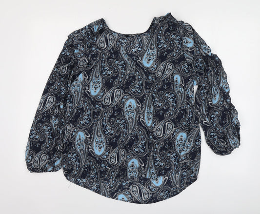 Dunnes Stores Womens Blue Paisley Polyester Basic Blouse Size M V-Neck