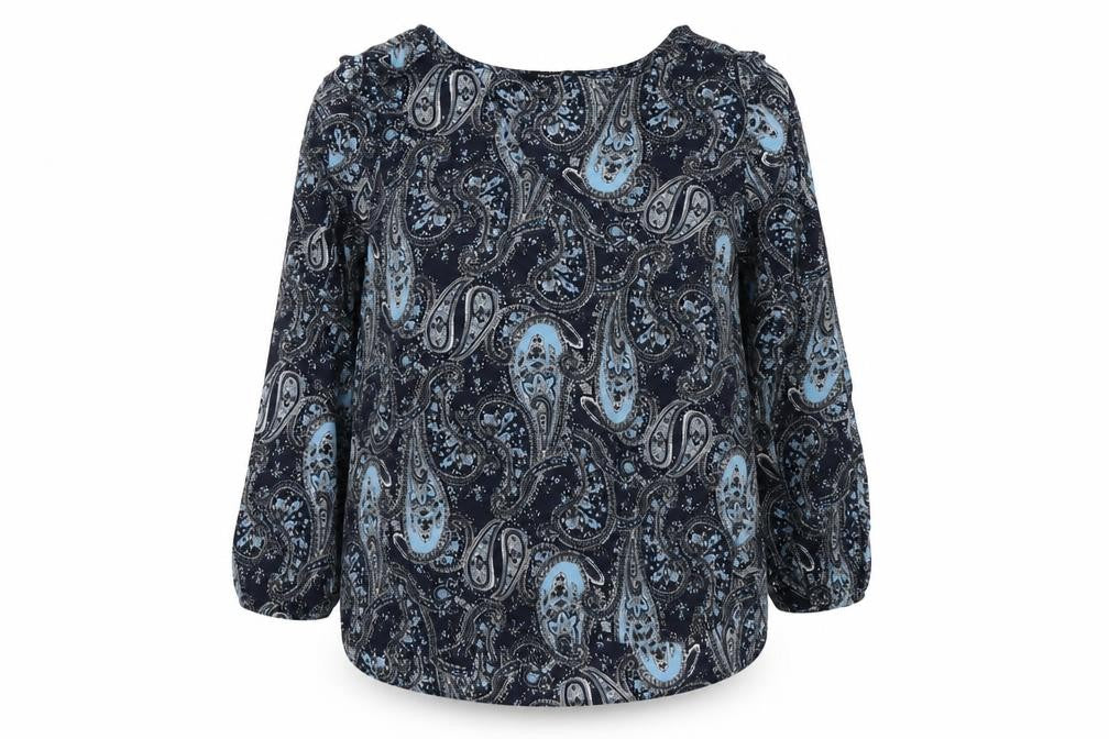 Dunnes Stores Womens Blue Paisley Polyester Basic Blouse Size M V-Neck