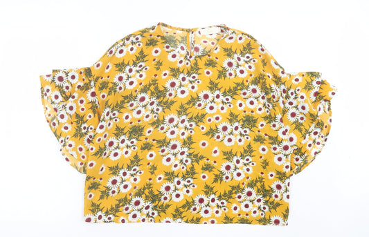 JCL Womens Yellow Floral Polyester Basic T-Shirt Size M Crew Neck