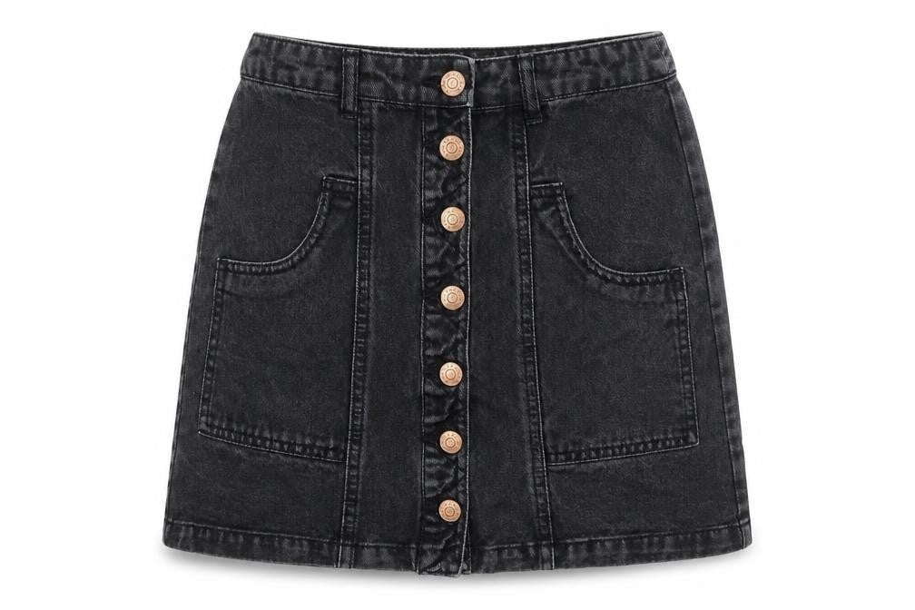 Stradivarius Womens Black Cotton A-Line Skirt Size 8 Button