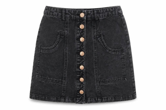 Stradivarius Womens Black Cotton A-Line Skirt Size 8 Button