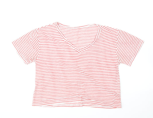 SheIn Womens Red Striped Cotton Basic T-Shirt Size L V-Neck