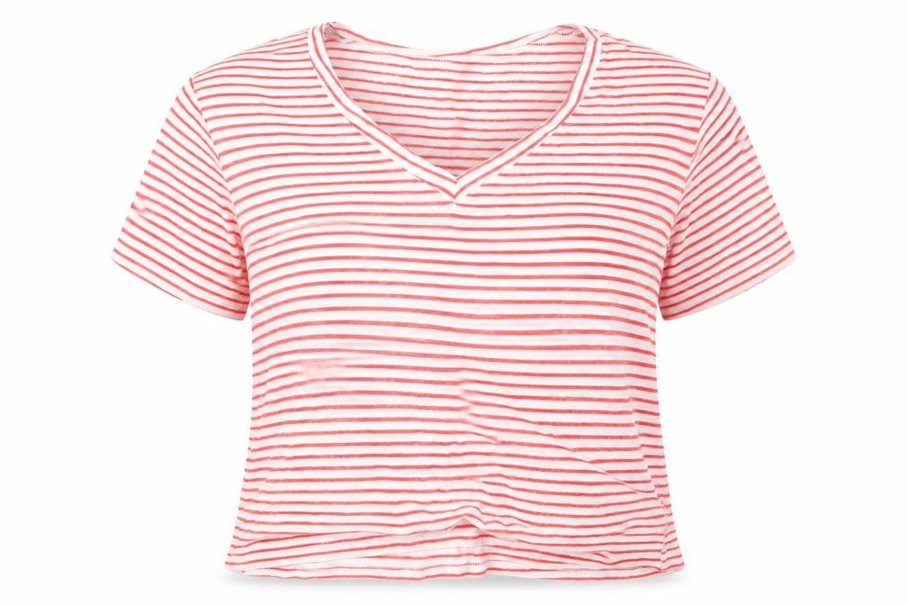 SheIn Womens Red Striped Cotton Basic T-Shirt Size L V-Neck