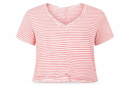 SHEIN Womens Red Striped Cotton Basic T-Shirt Size L V-Neck