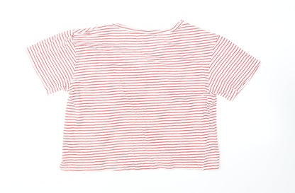 SHEIN Womens Red Striped Cotton Basic T-Shirt Size L V-Neck