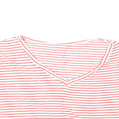 SHEIN Womens Red Striped Cotton Basic T-Shirt Size L V-Neck