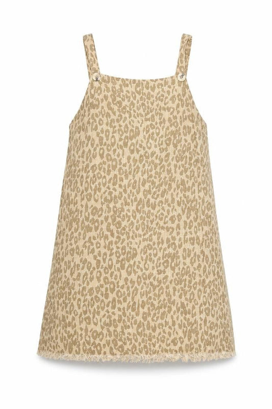 Ghanda Womens Brown Animal Print 100% Cotton Pinafore/Dungaree Dress Size S Square Neck Zip - Distressed Hem