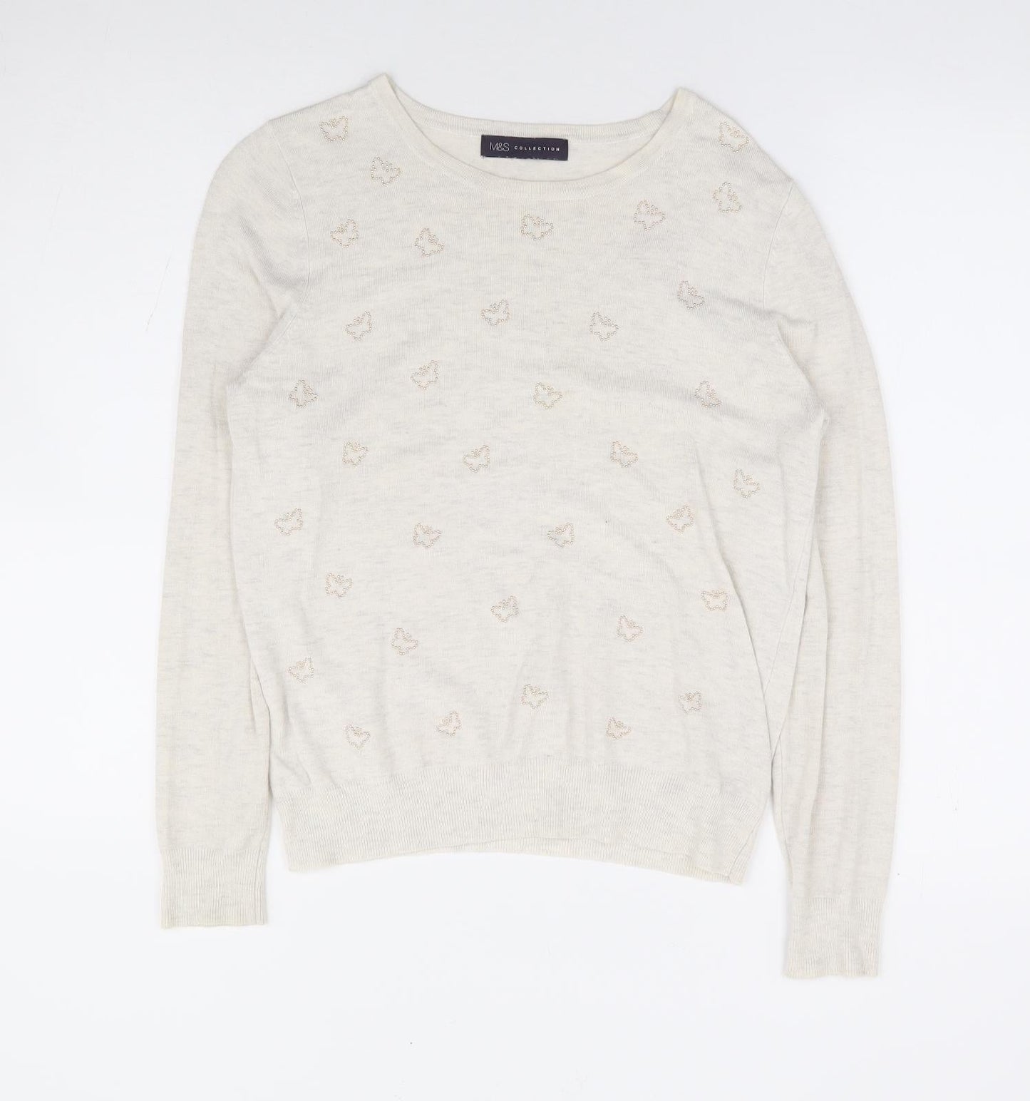 Marks and Spencer Womens Beige Round Neck Geometric Viscose Pullover Jumper Size 12 - Butterfly
