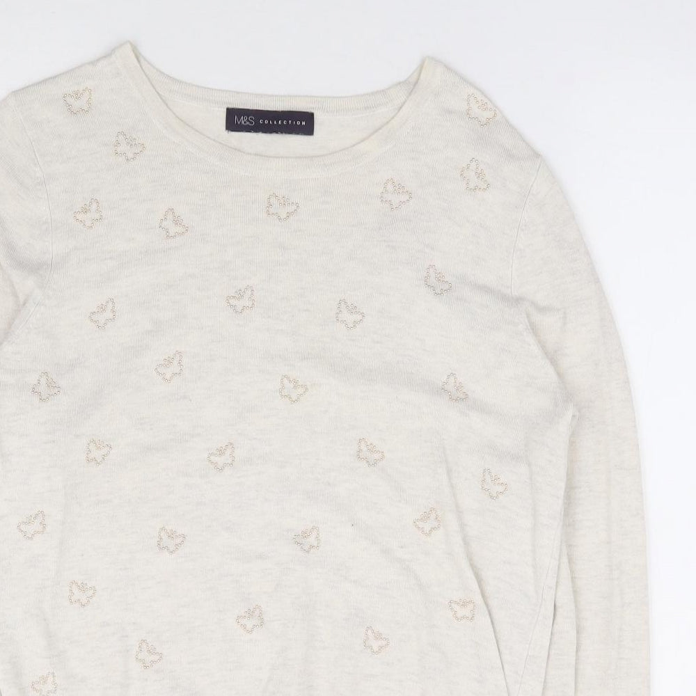 Marks and Spencer Womens Beige Round Neck Geometric Viscose Pullover Jumper Size 12 - Butterfly