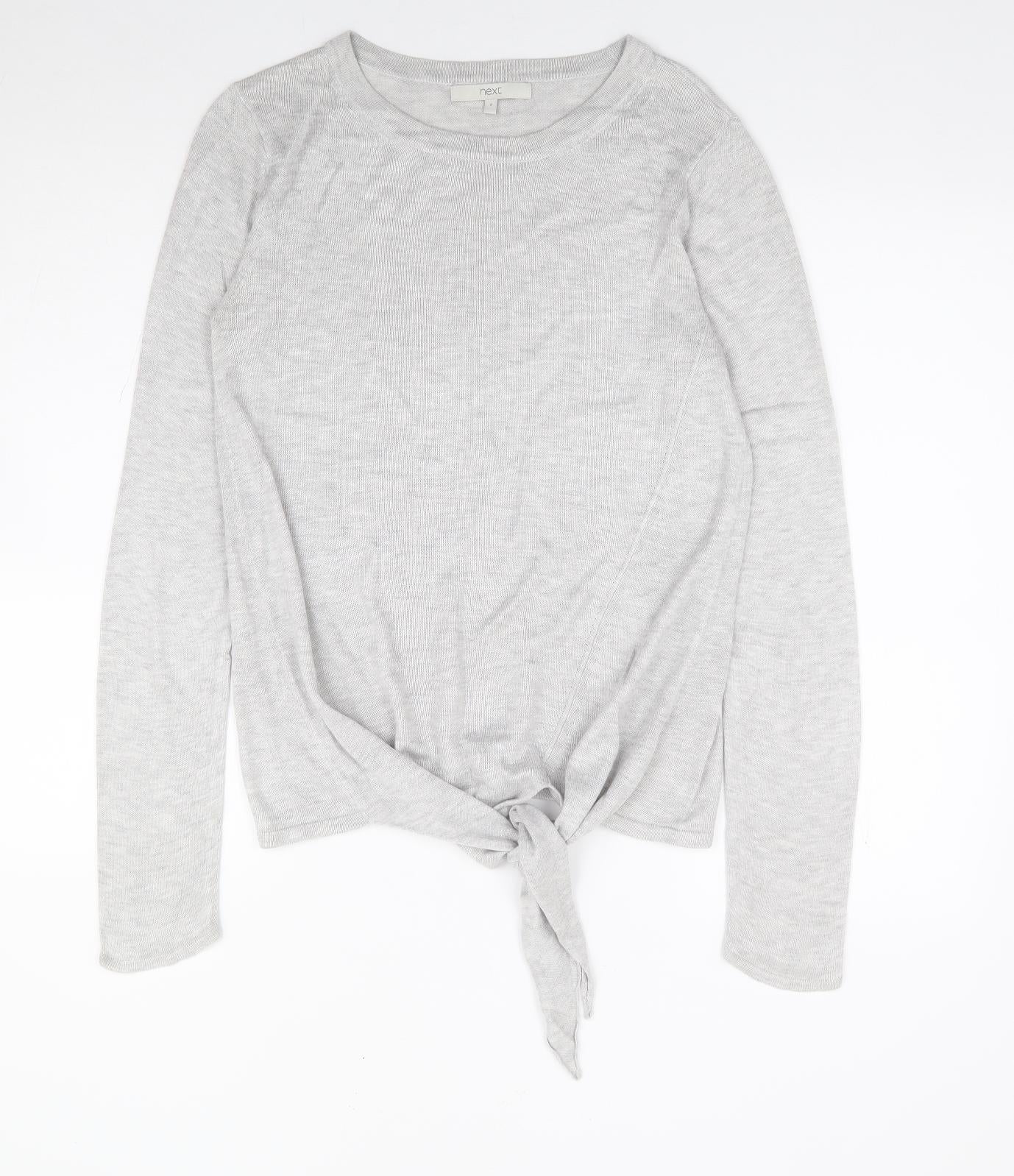 NEXT Womens Grey Round Neck Viscose Pullover Jumper Size 8 - Tie Front
