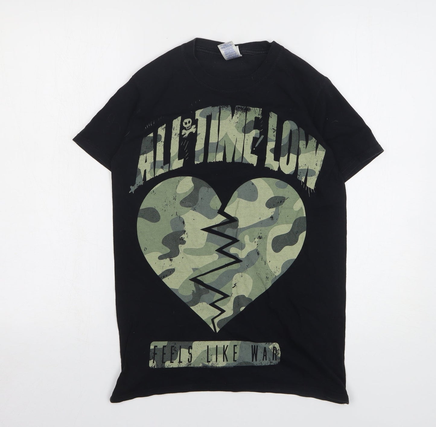 Gildan Womens Black Camouflage Cotton Basic T-Shirt Size S Round Neck - All Time Low