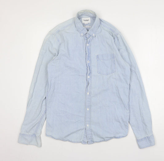 Pull&Bear Mens Blue Cotton Button-Up Size S Collared Button