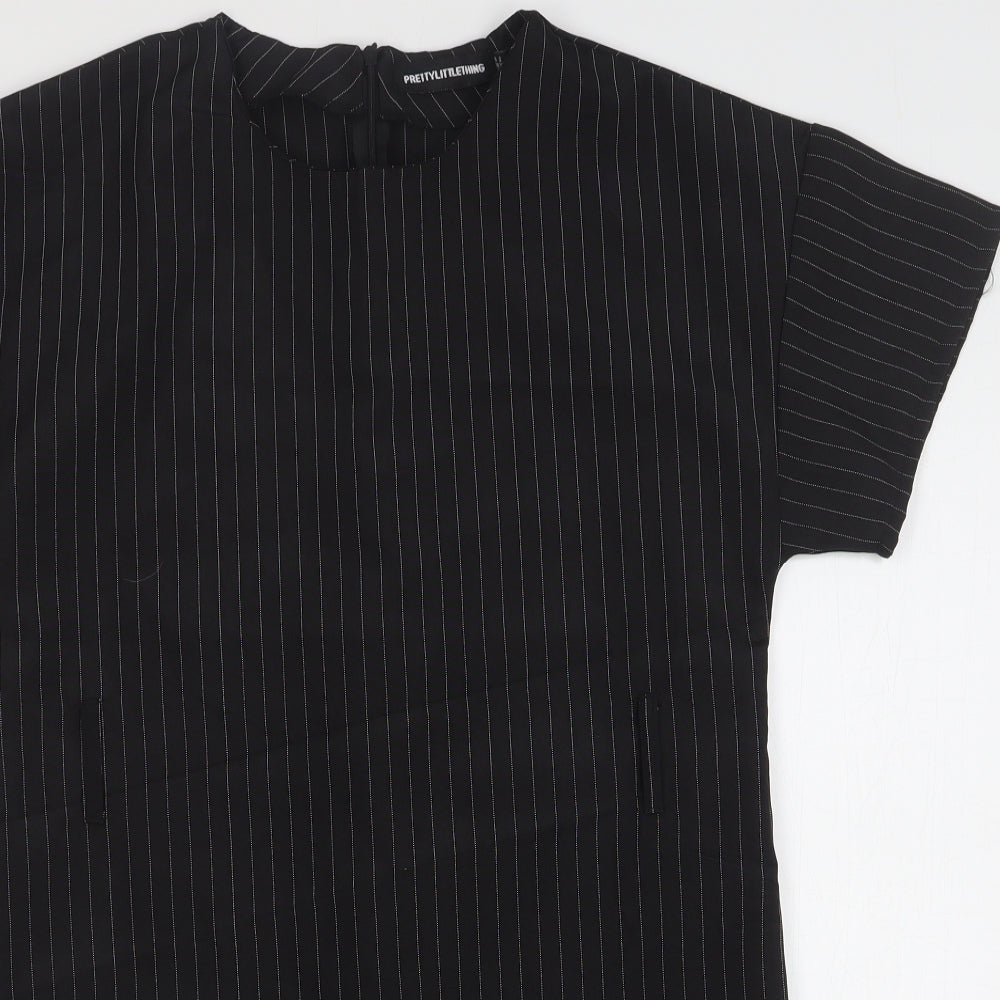PRETTYLITTLETHING Womens Black Striped Polyester T-Shirt Dress Size 8 Round Neck Pullover