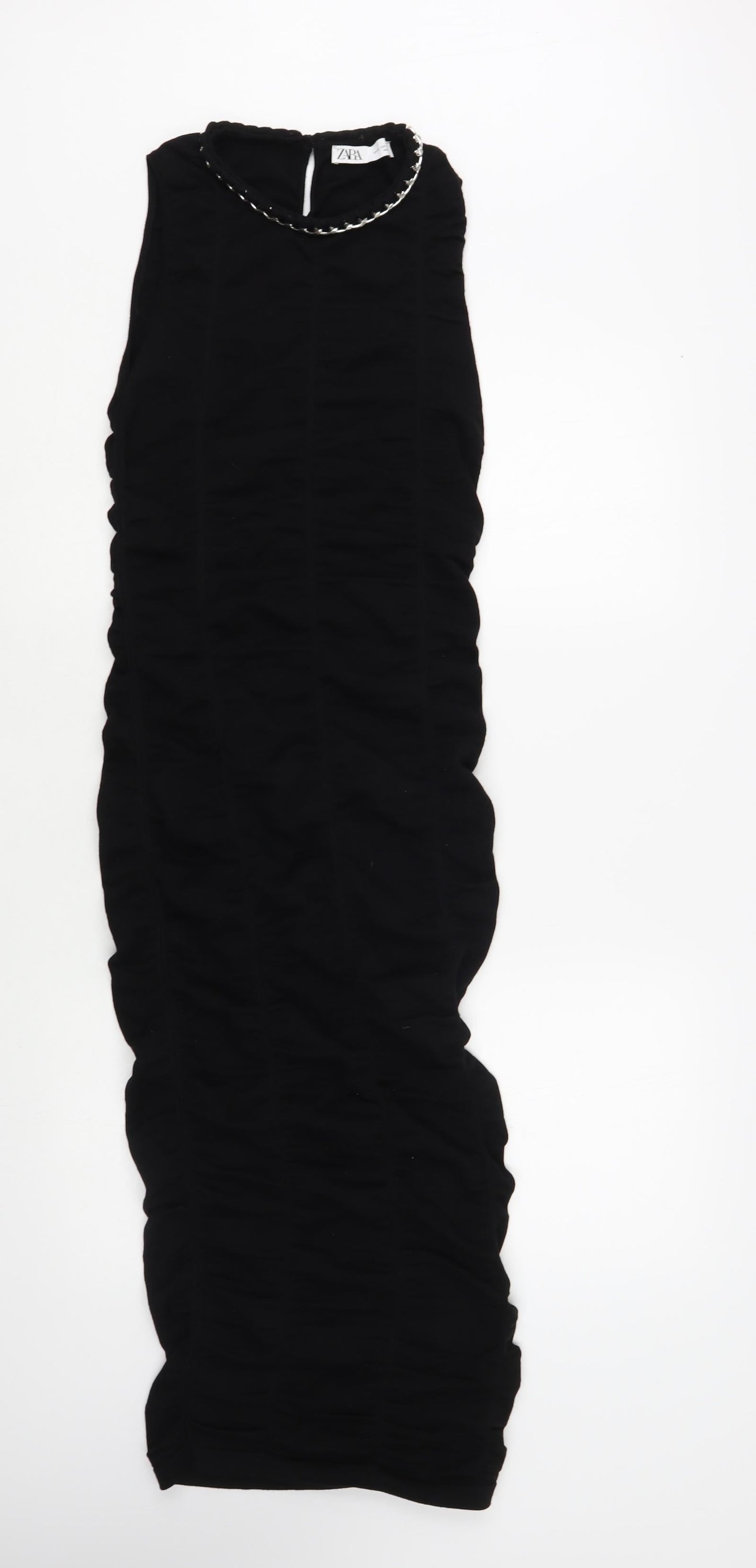 Zara Womens Black Viscose Bodycon Size XS Round Neck Button - Embellished Neckline