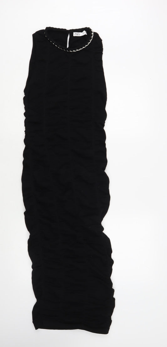 Zara Womens Black Viscose Bodycon Size XS Round Neck Button - Embellished Neckline