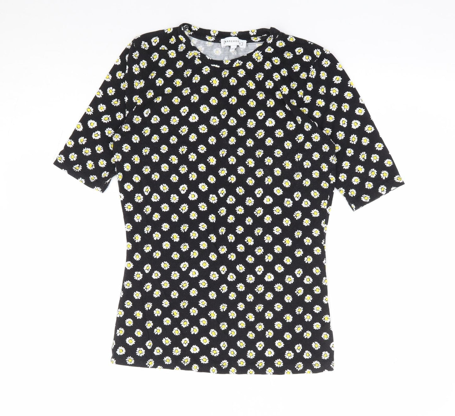 Warehouse Womens Black Floral Viscose Jersey T-Shirt Size 6 Round Neck