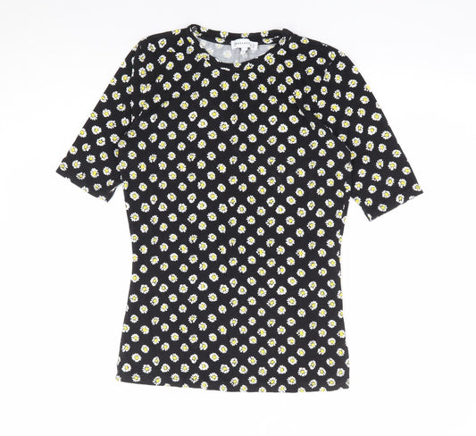Warehouse Womens Black Floral Viscose Jersey T-Shirt Size 6 Round Neck