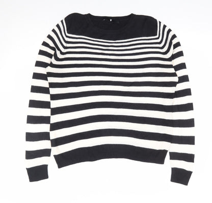 V by Very Womens Black Round Neck Striped Acrylic Pullover Jumper Size 14