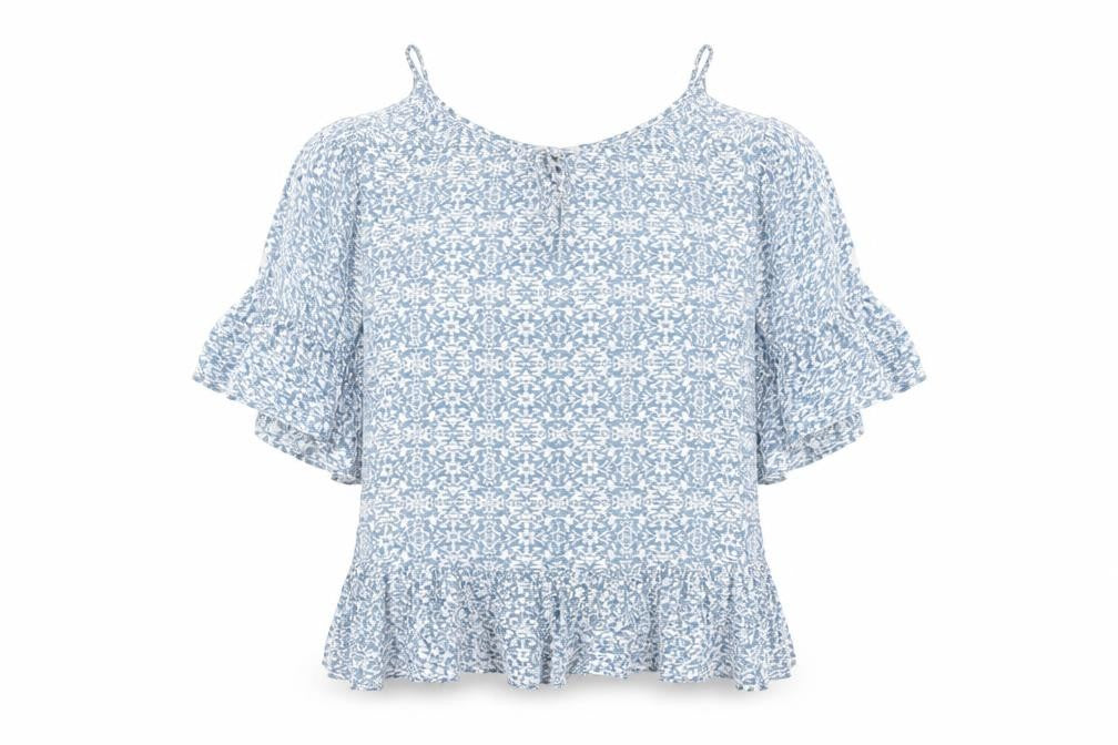 Mels Beach Womens Blue Floral Polyester Basic Blouse One Size Round Neck