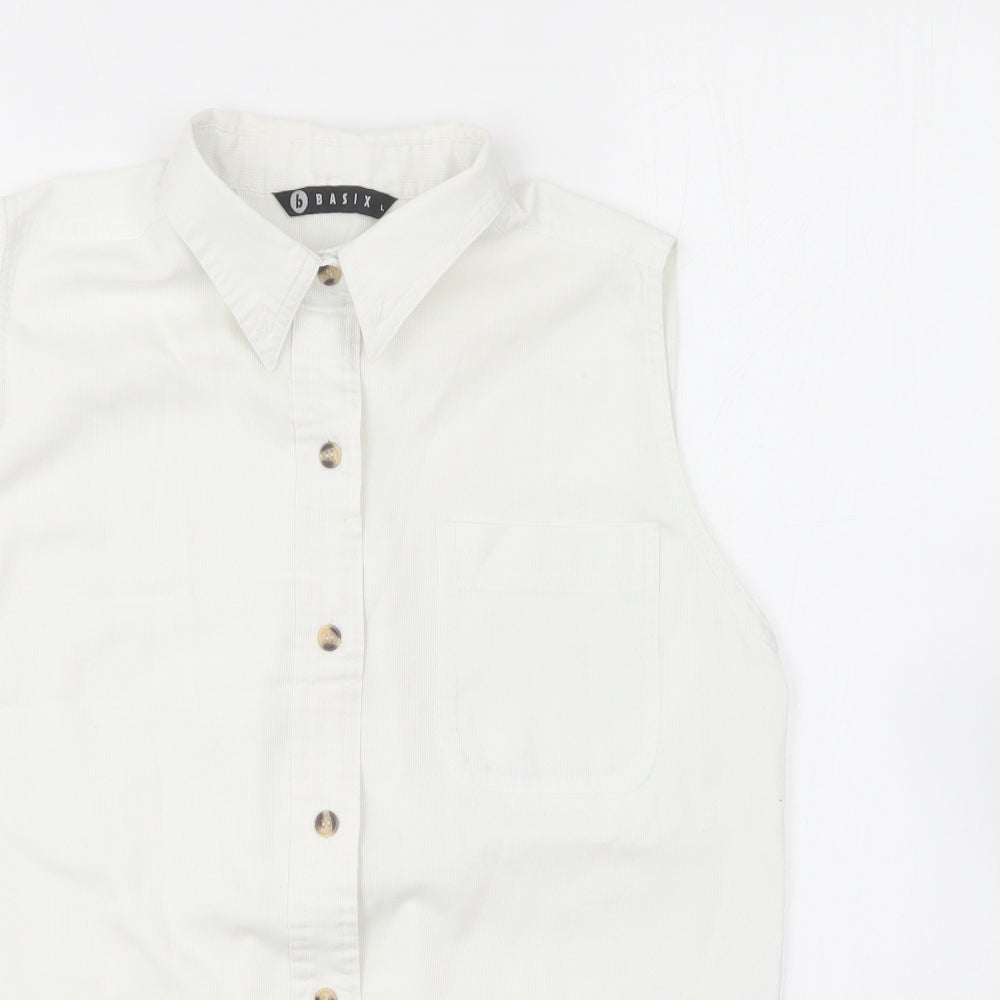 Basix Womens White Cotton Basic Button-Up Size L Collared