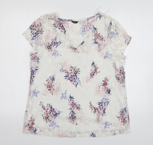 M&Co Womens White Floral Polyester Basic Blouse Size 12 V-Neck