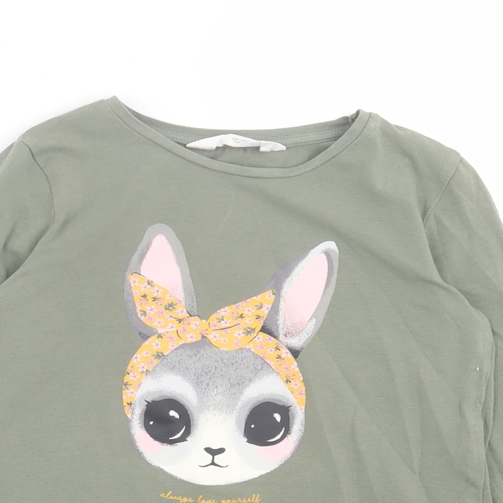 H&M Girls Green Cotton Basic Casual Size 4-5 Years Crew Neck Pullover - Rabbit