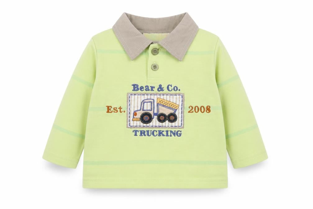 Ohm & Emmy Baby Green Cotton Basic Polo Size 3-6 Months Collared Button - Trucking