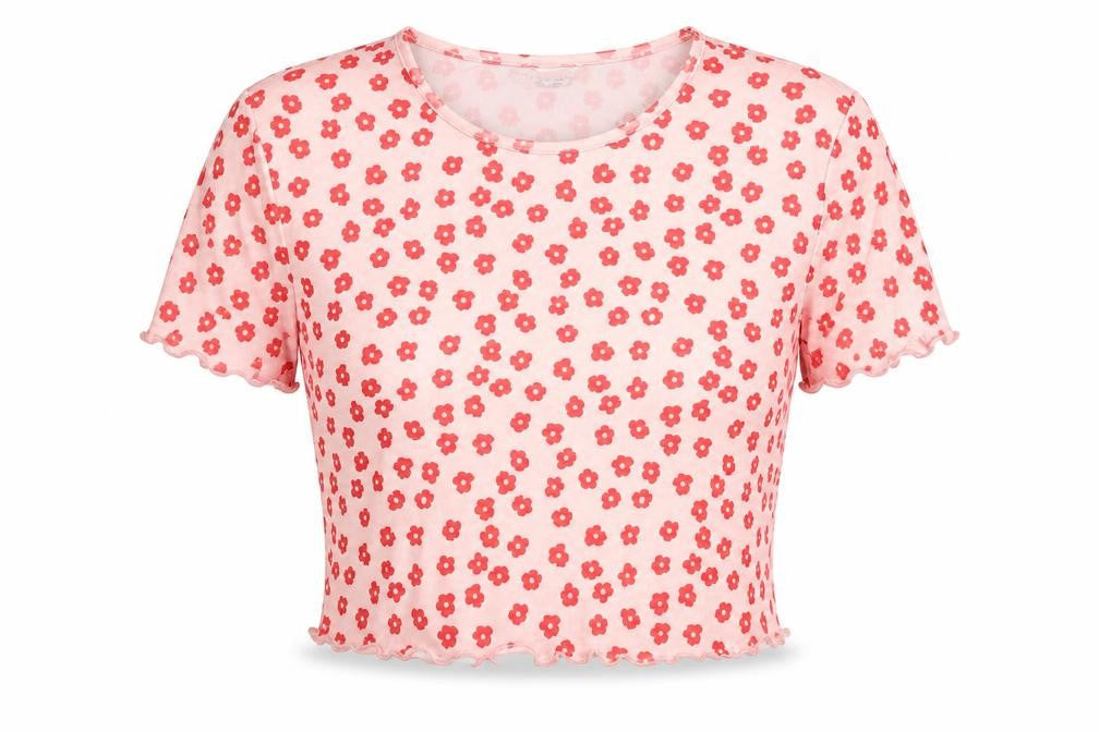 SheIn Womens Pink Floral Polyester Cropped Blouse Size L Crew Neck