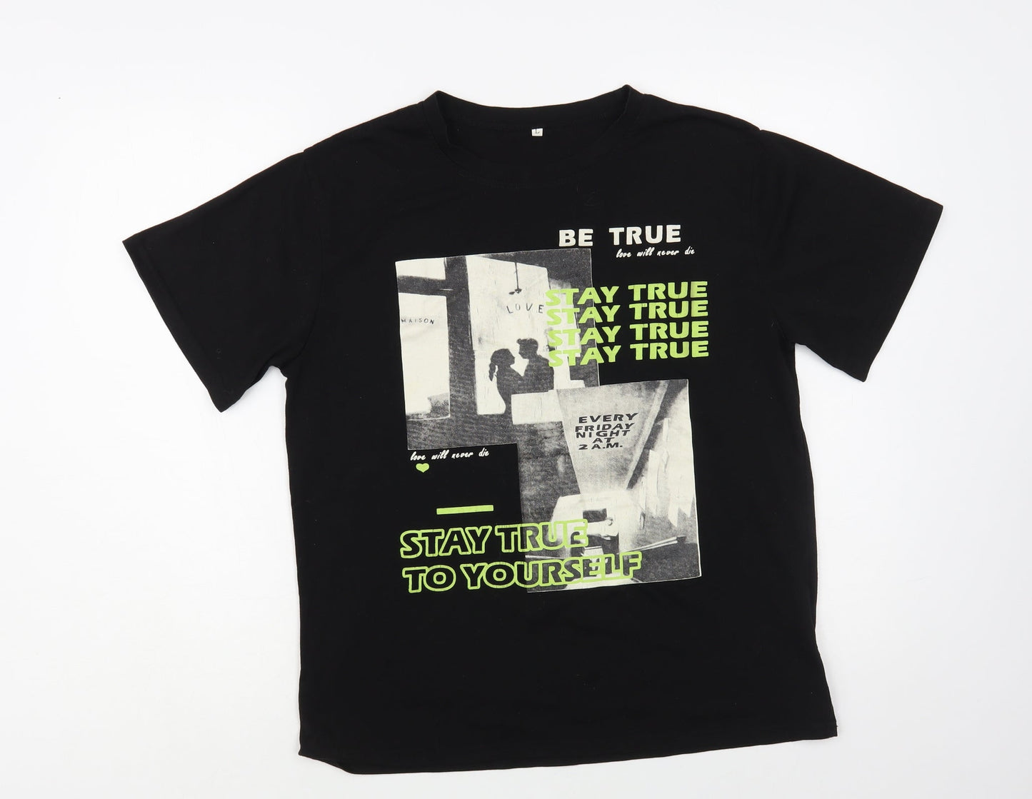 SheIn Womens Black Polyester Basic T-Shirt Size L Crew Neck - Stay True