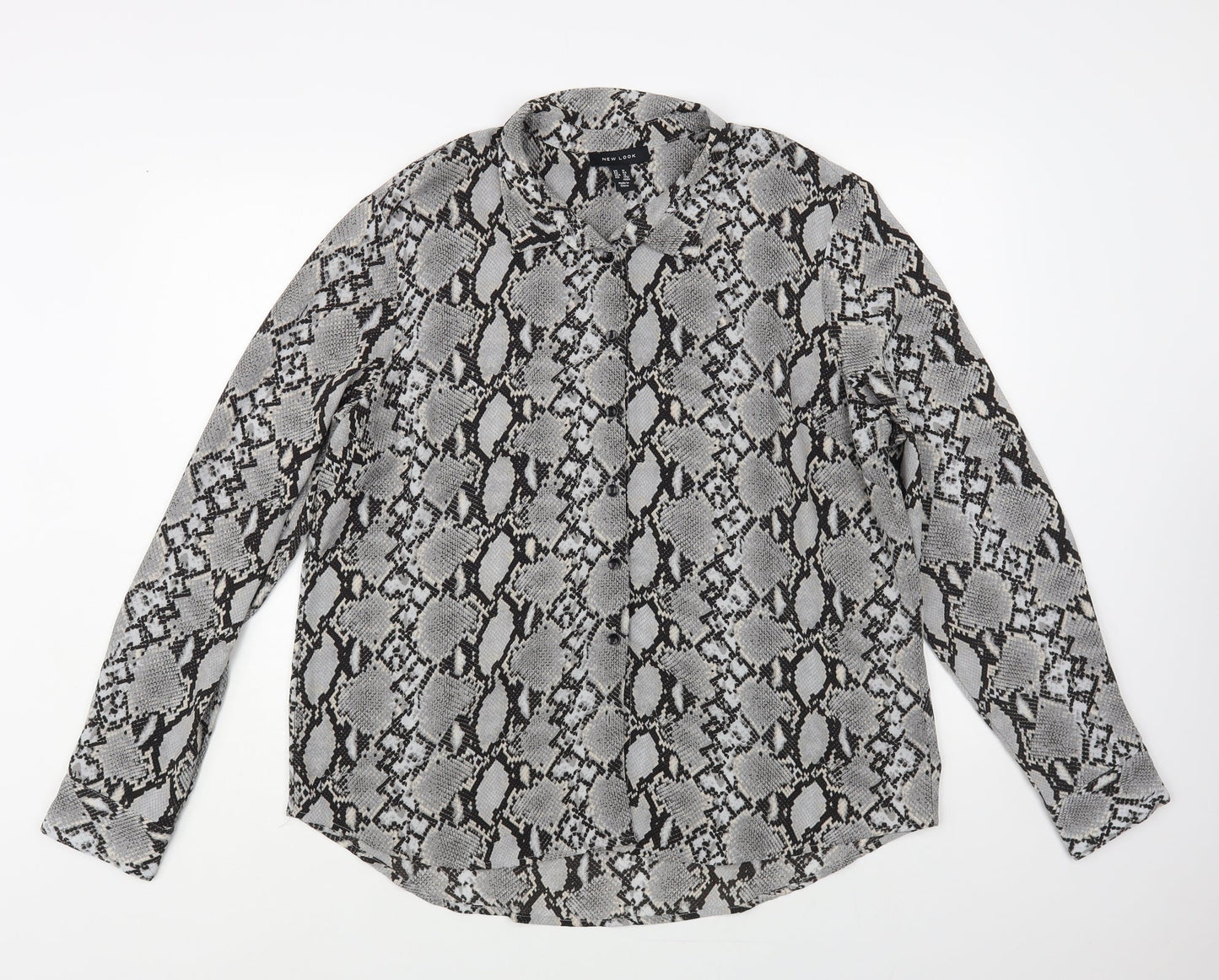 New Look Womens Grey Animal Print Polyester Basic Button-Up Size 16 Collared