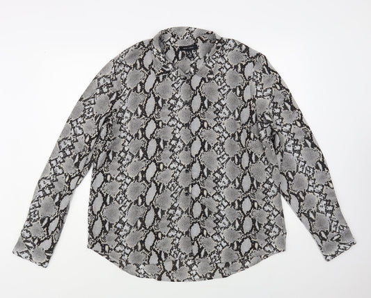 New Look Womens Grey Animal Print Polyester Basic Button-Up Size 16 Collared