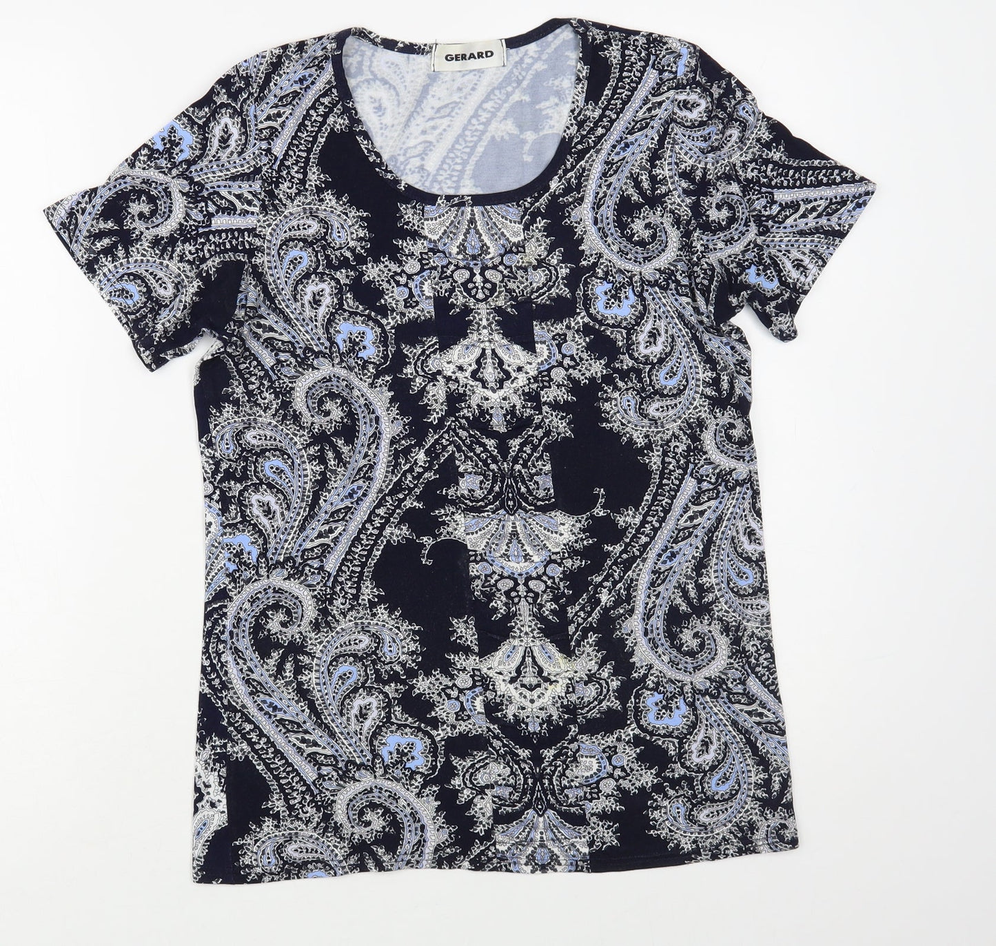 Gerard Womens Blue Paisley Viscose Basic T-Shirt Size 12 Scoop Neck