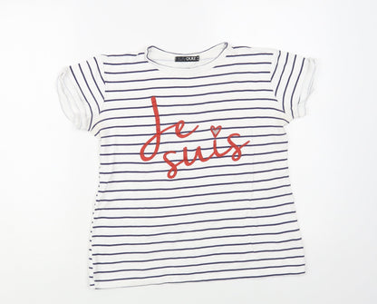 Quiz Womens White Striped Cotton Basic T-Shirt Size 8 Crew Neck - Slogan