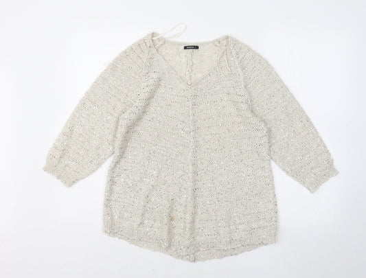 Roman Womens Beige V-Neck Polyester Pullover Jumper Size 12