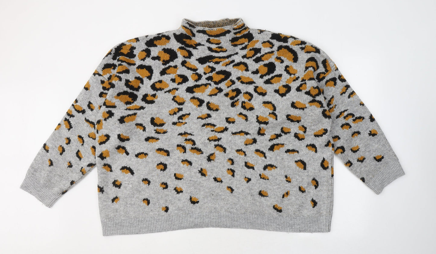 ASOS Womens Grey Mock Neck Animal Print Acrylic Pullover Jumper Size 18 - Leopard Print