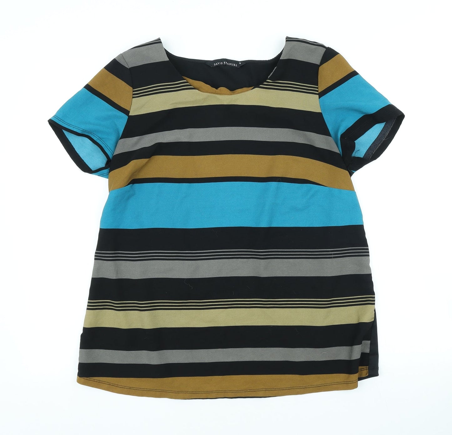 David Emanuel Womens Multicoloured Striped Polyester Basic T-Shirt Size 14 Scoop Neck