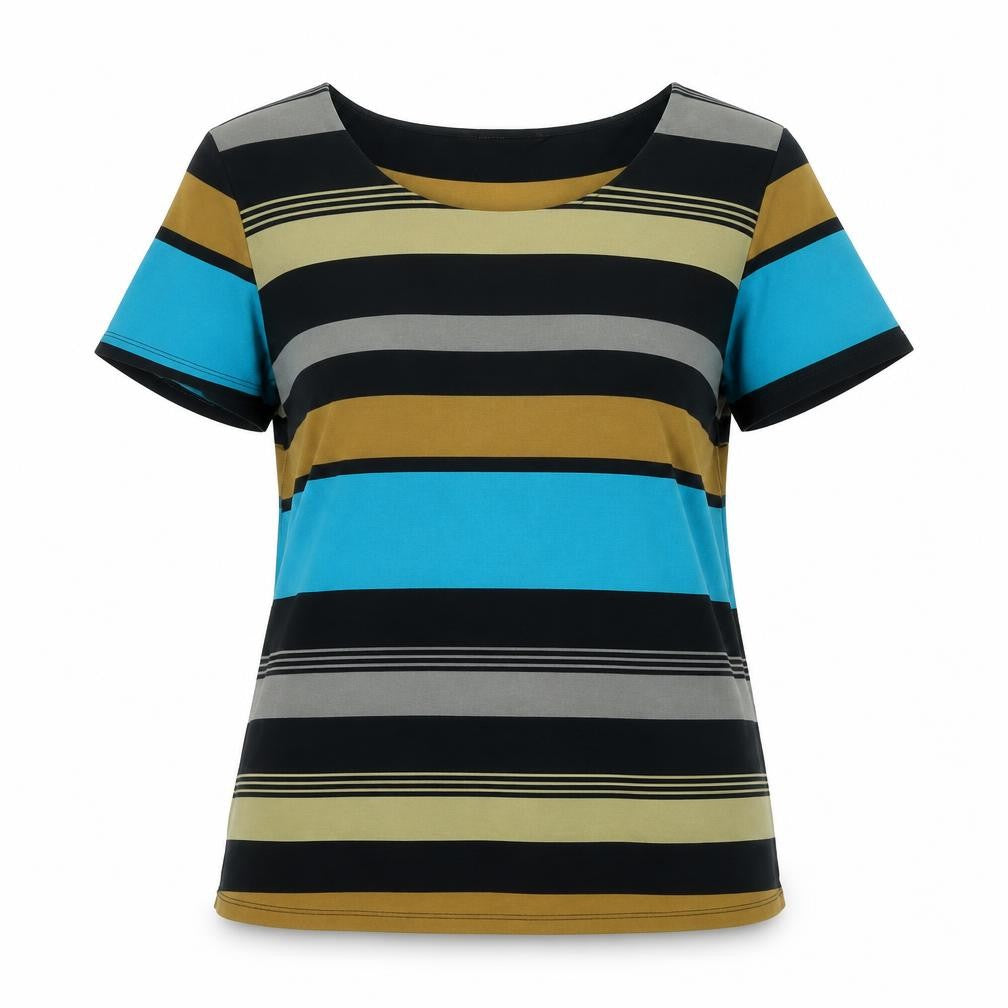 David Emanuel Womens Multicoloured Striped Polyester Basic T-Shirt Size 14 Scoop Neck
