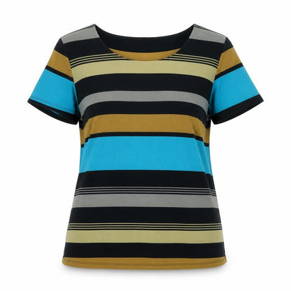 David Emanuel Womens Multicoloured Striped Polyester Basic T-Shirt Size 14 Scoop Neck