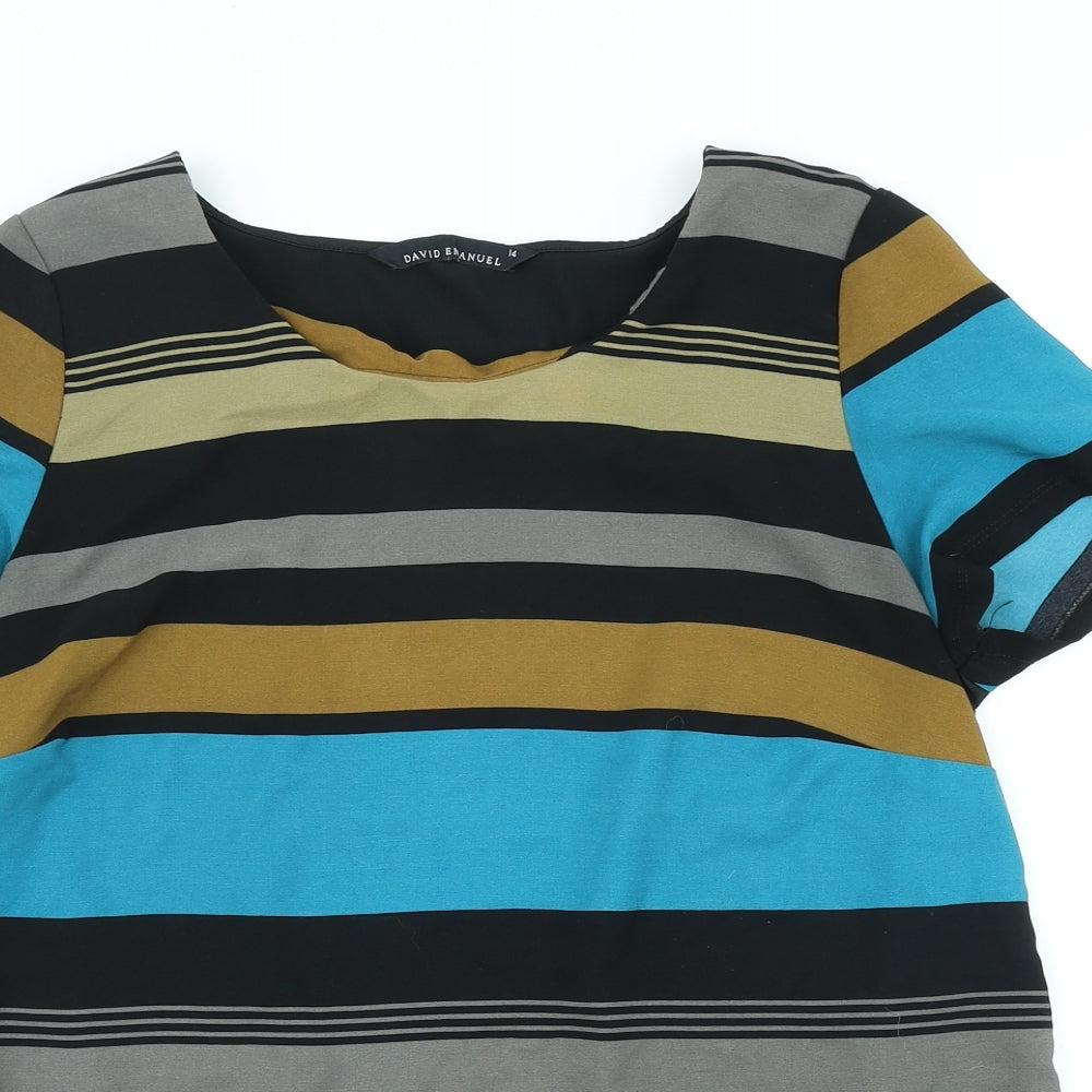 David Emanuel Womens Multicoloured Striped Polyester Basic T-Shirt Size 14 Scoop Neck