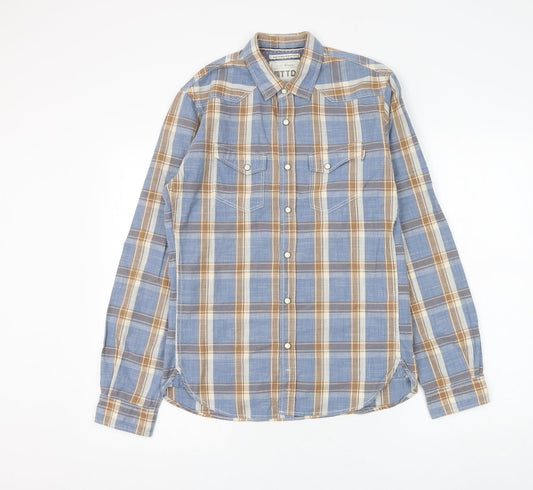 TOM TAILOR Mens Blue Plaid Cotton Button-Up Size S Collared Button