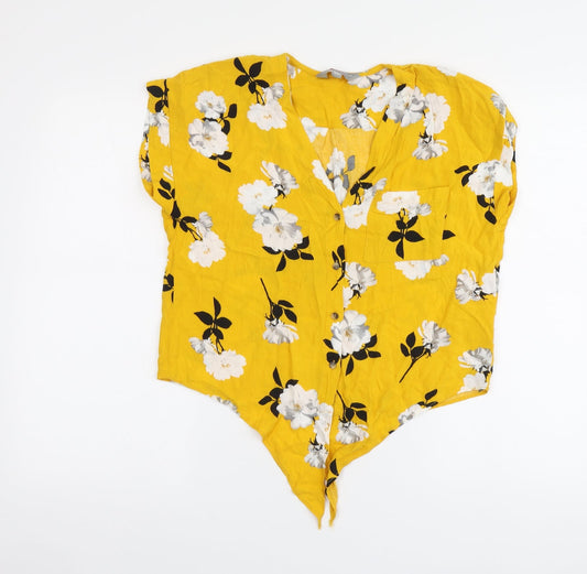 Dorothy Perkins Womens Yellow Floral Viscose Basic Button-Up Size 8 V-Neck