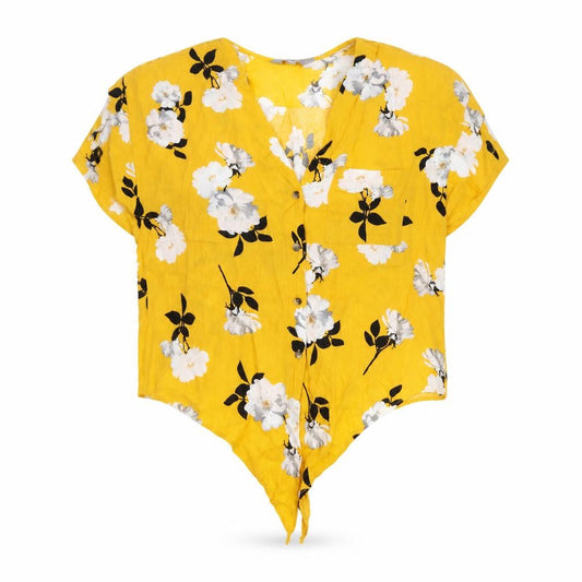 Dorothy Perkins Womens Yellow Floral Viscose Basic Button-Up Size 8 V-Neck