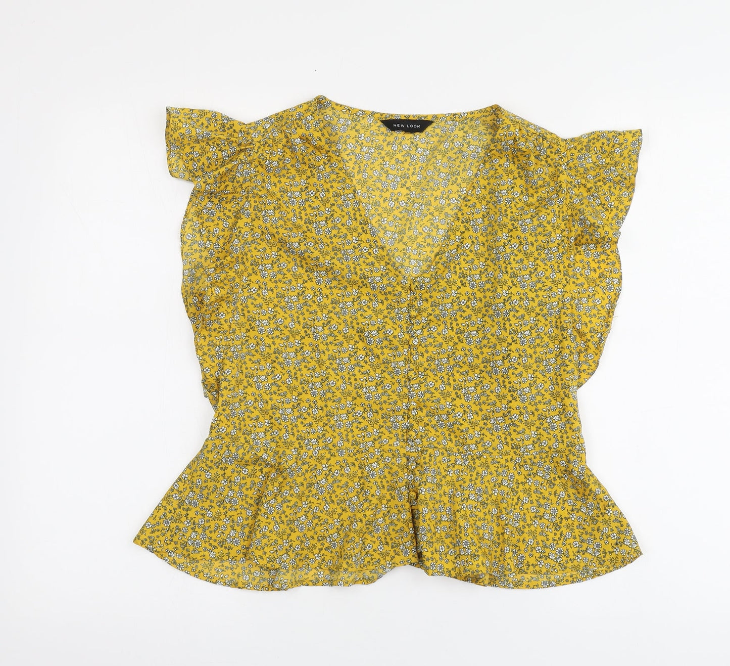 New Look Womens Yellow Floral Polyester Basic Blouse Size S V-Neck