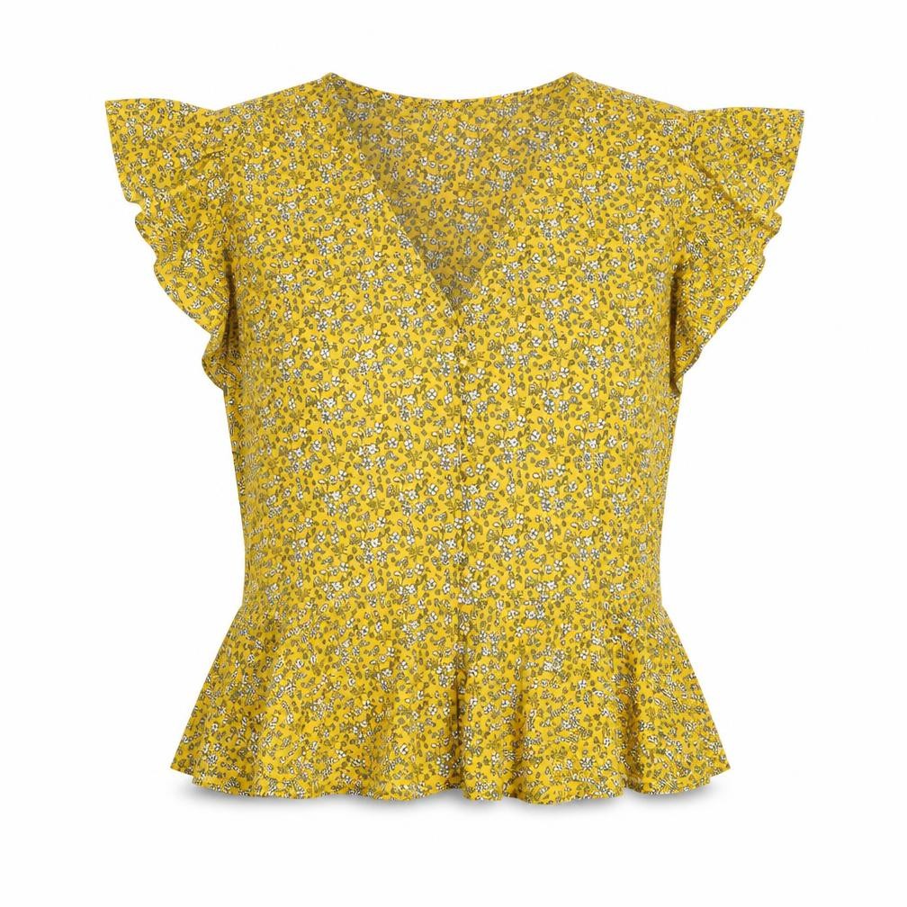 New Look Womens Yellow Floral Polyester Basic Blouse Size S V-Neck